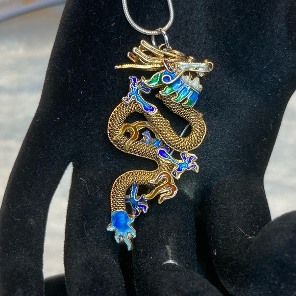 Antique CHINESE DRAGON Gold Gilt 925 Sterling Silver Cloisonné Brooch/Pendant. - Picture 9 of 15